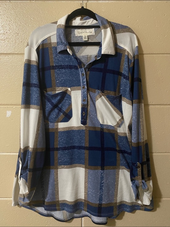 French Laundry Tops - French Laundry Blue White and Brown Plaid Button Front Tunic